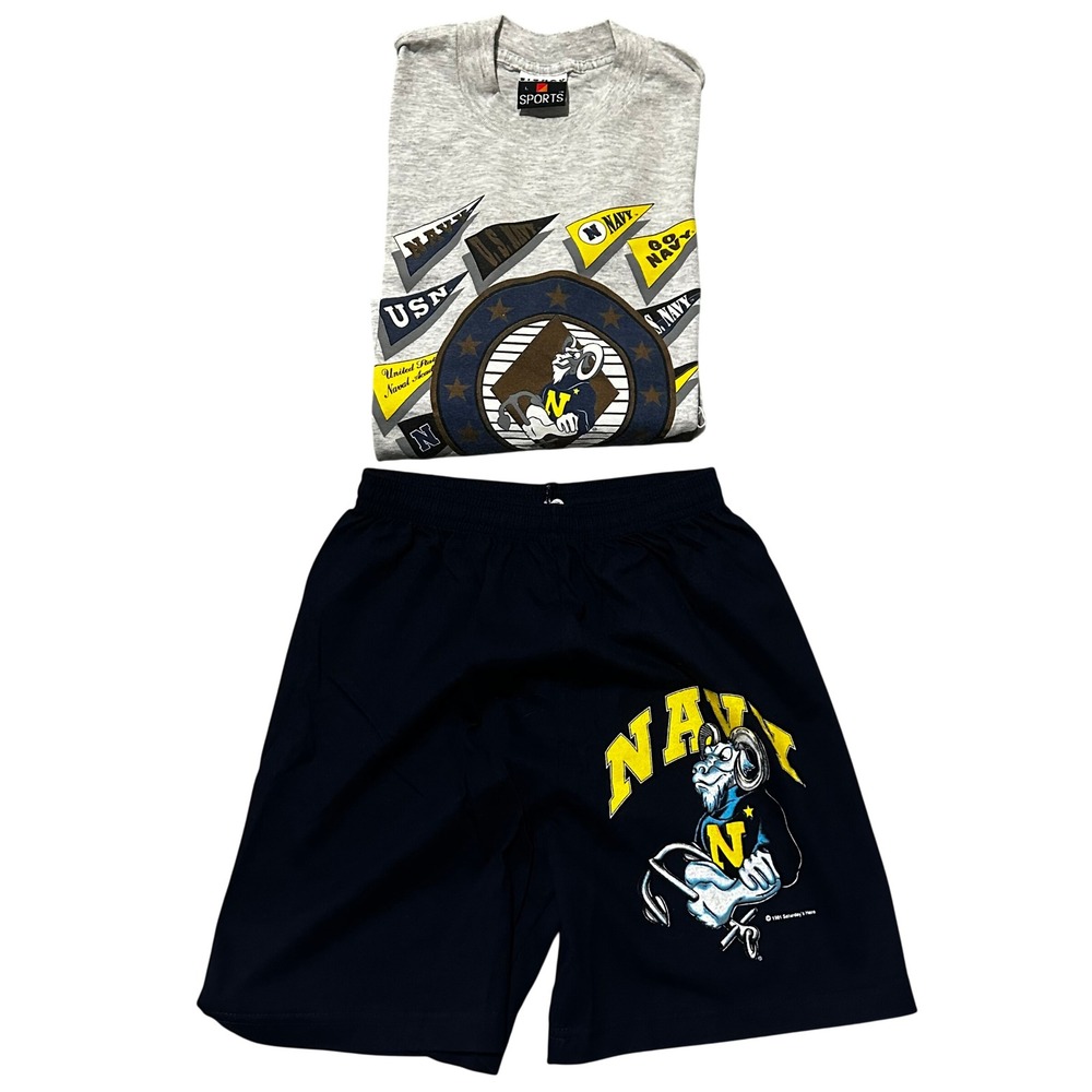 1991 US Navy Naval Academy Mascot T-Shirt Shorts Set Gray Blue Saturday's Hero